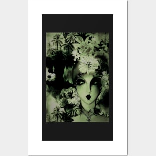 floral dark art deco collage flowers butterflies green Posters and Art